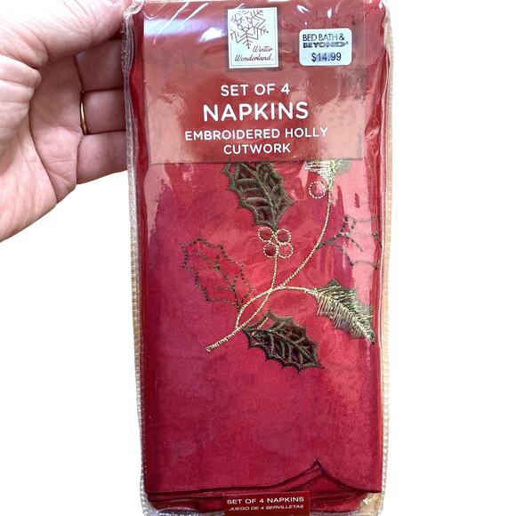 NEW Embroidered Christmas Holiday Cloth Napkins (4) Red Green Gold Holly Cutwork - Picture 2 of 7